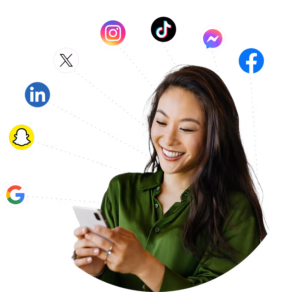 Smiling woman in a green shirt using her smartphone, surrounded by icons of popular platforms including Instagram, TikTok, Messenger, Facebook, LinkedIn, X, Snapchat, and Google.