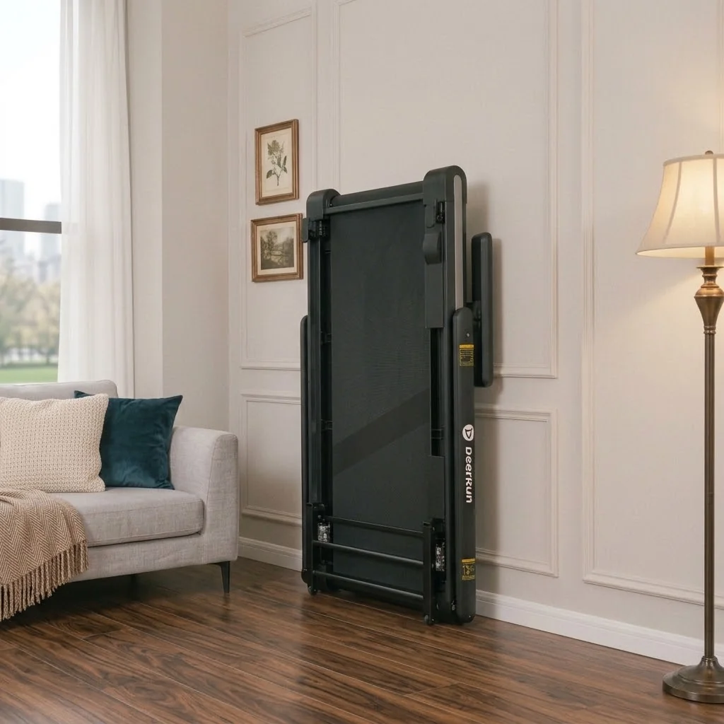 DeerRun X20 treadmill folded and stored upright against a living room wall