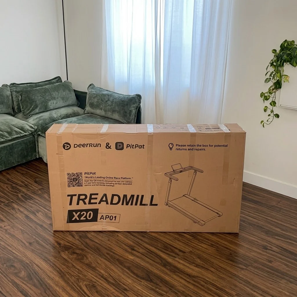 DeerRun X20 treadmill shipping box in a living room