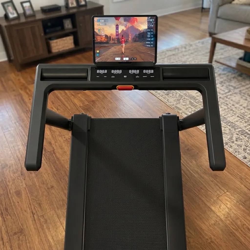 View from the DeerRun X20 deck looking at the handlebar, console and tablet holder
