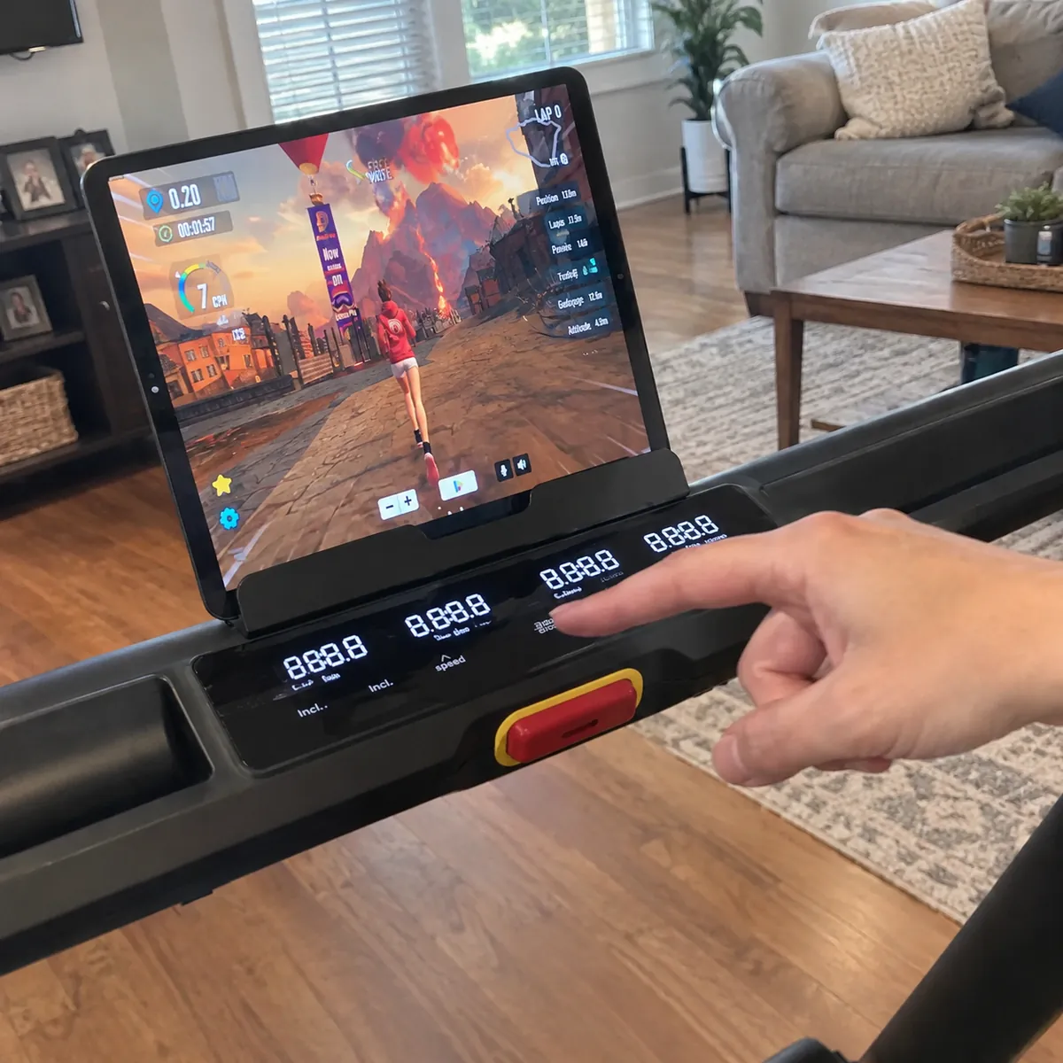 Touchscreen console of the DeerRun X20 with the PitPat app running on a tablet