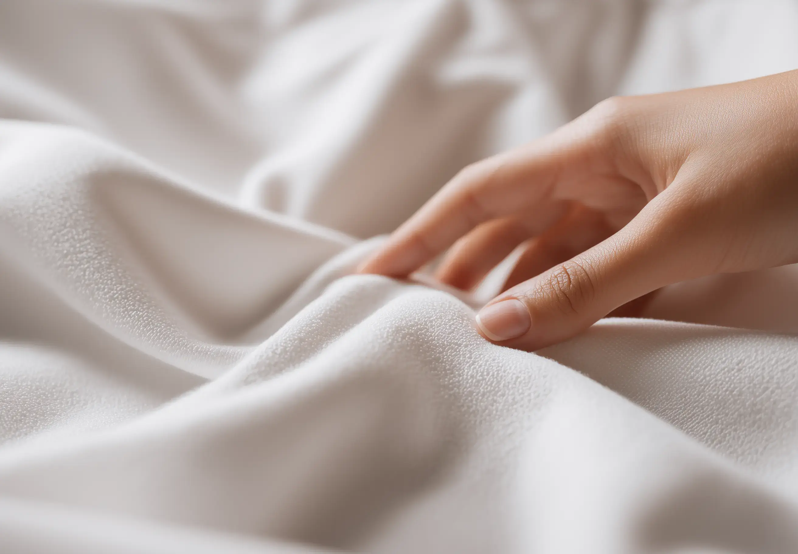 La mano tocca un tessuto bianco
