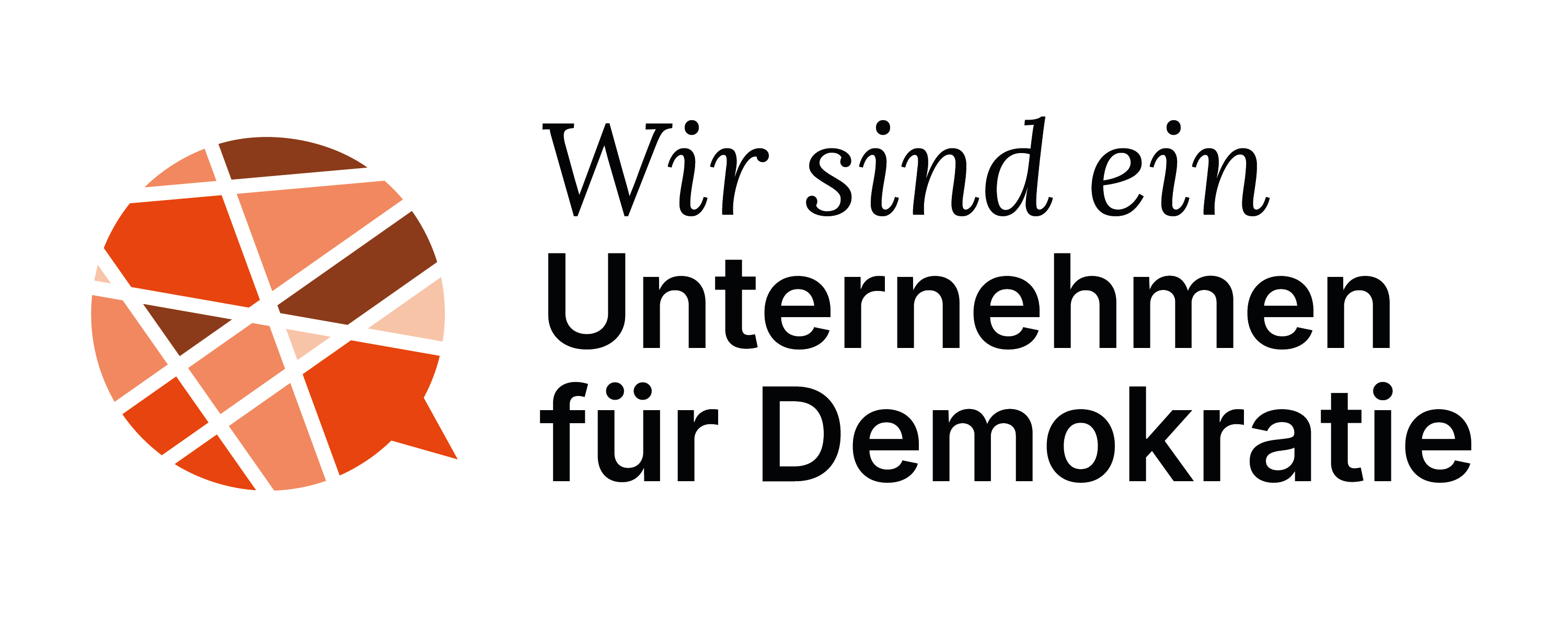 Eine Sprechblase in Rot-Tönen und der Spruch "Wir sind ein Unternehmen für Demokratie"