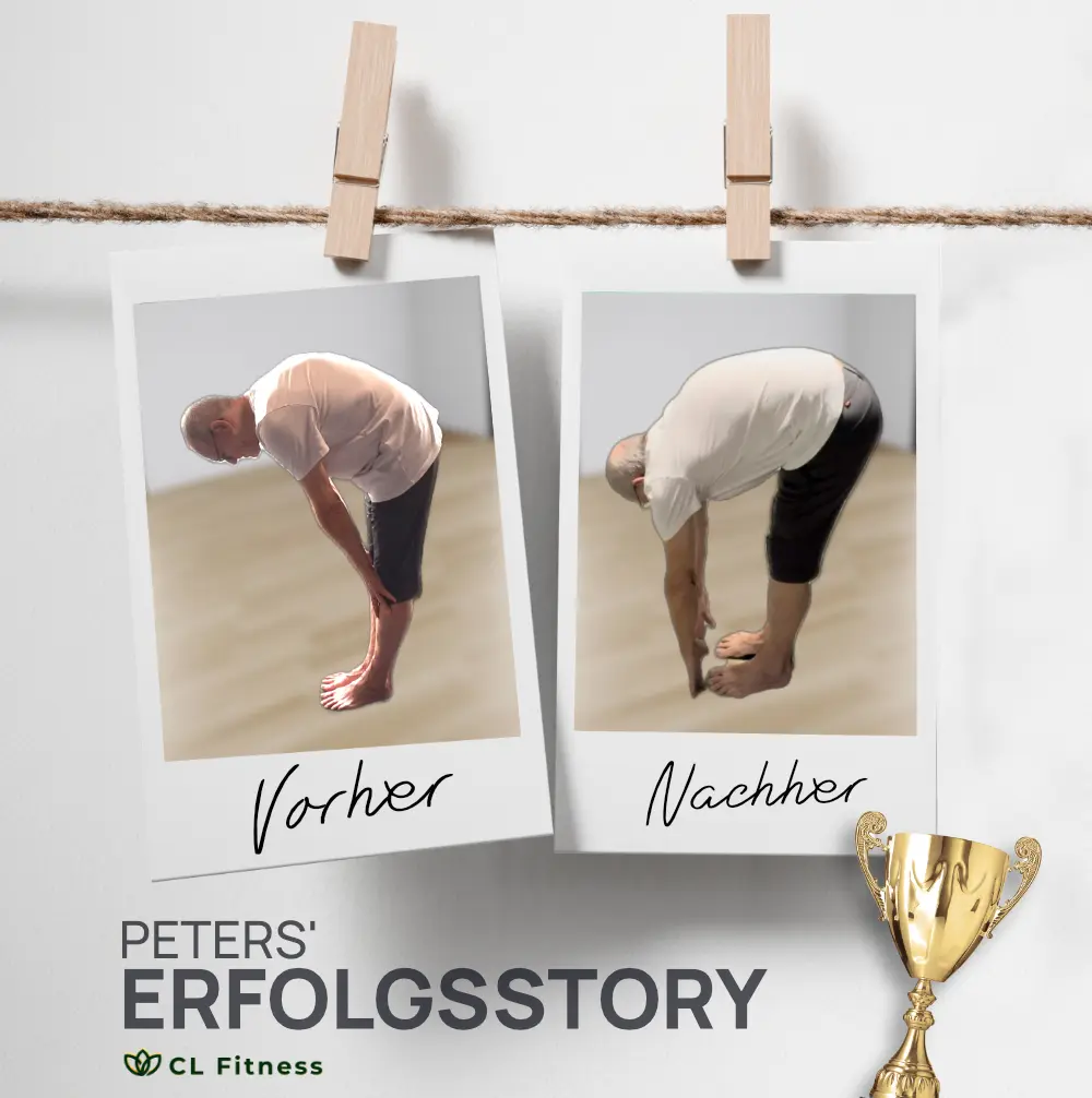 Das Bild zeigt den Kunden Peter in einem Vorher - Nacher Vergleich bei dem sich im Nacher Bild wieder komplett bis unten beugen kann und seine Zehenspitzen berühren.