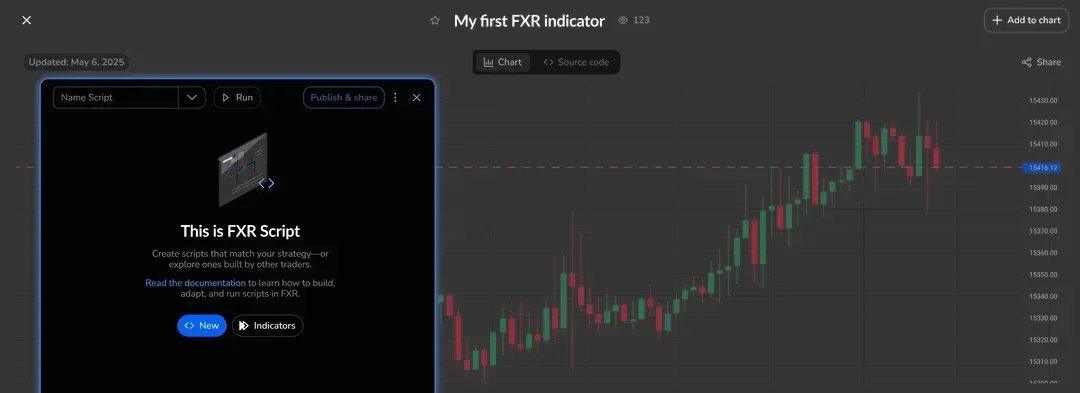 FX Replay official custom-indicator interface with FXR Script tools and a chart