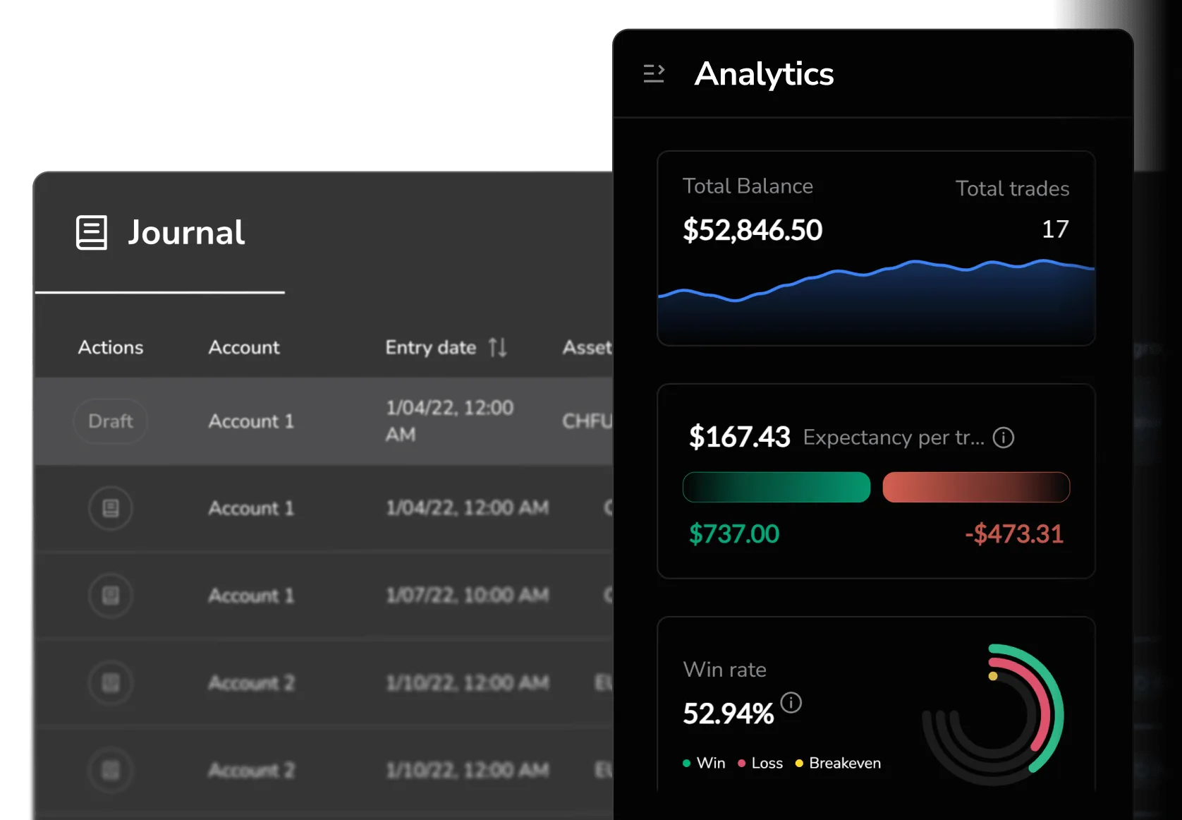 FX Replay screen with Add account panel showing cTrader and broker sync options