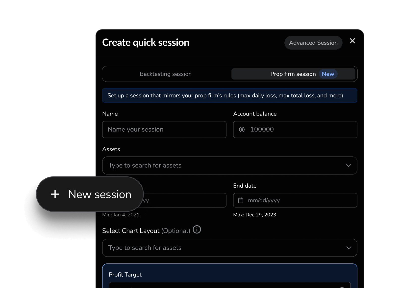 Prop firm session setup in FX Replay.