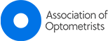 Blue and white logo for Association of Optometrists with circular design