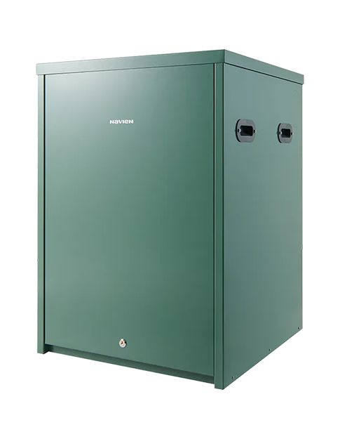 Green Navien oil boiler with two black side handles and a keyhole at the bottom front panel.