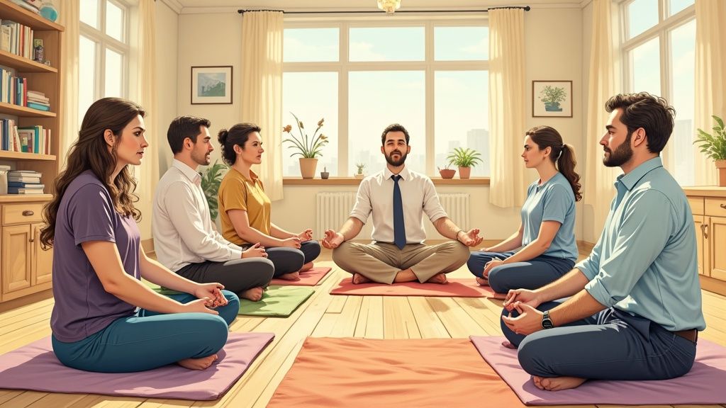 A diverse group of people working together, looking relaxed and engaged.