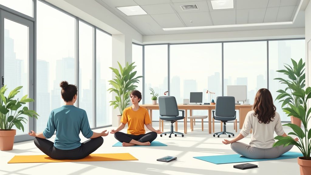 Modern office with people working and relaxing