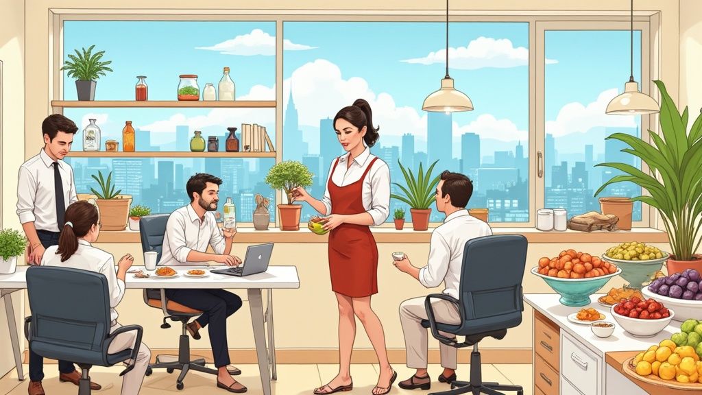 Office workers in a meeting, discussing wellness