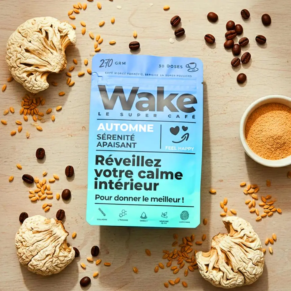 Un paquet de café Wake Le Super Café Automne posé sur une table claire, entouré de grains de café, de champignons séchés et d'une petite coupelle de poudre brune.