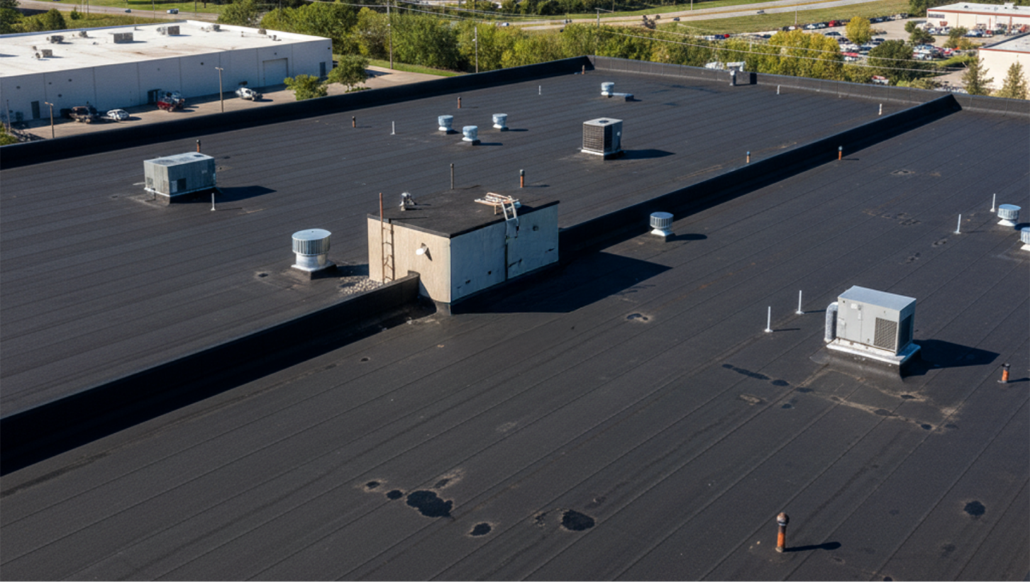 Storm damaged commercial flat roof. 