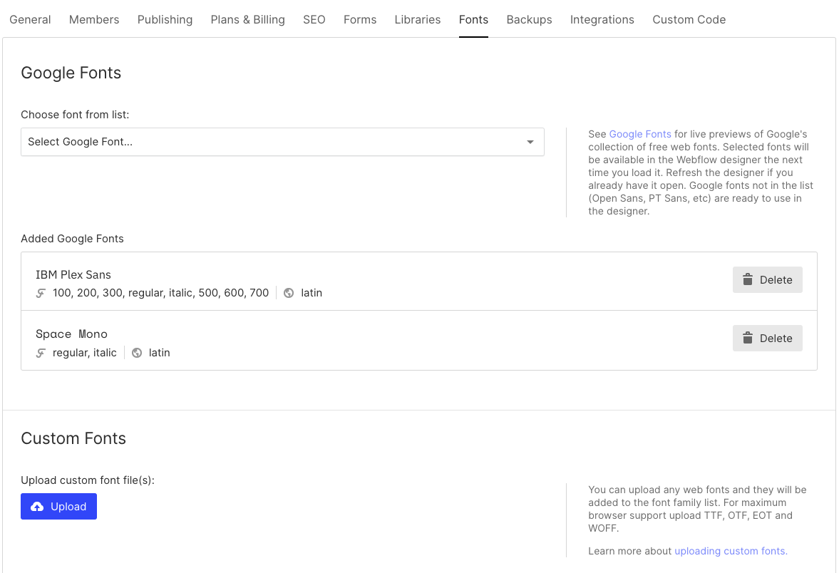 Font setting tab in project settings