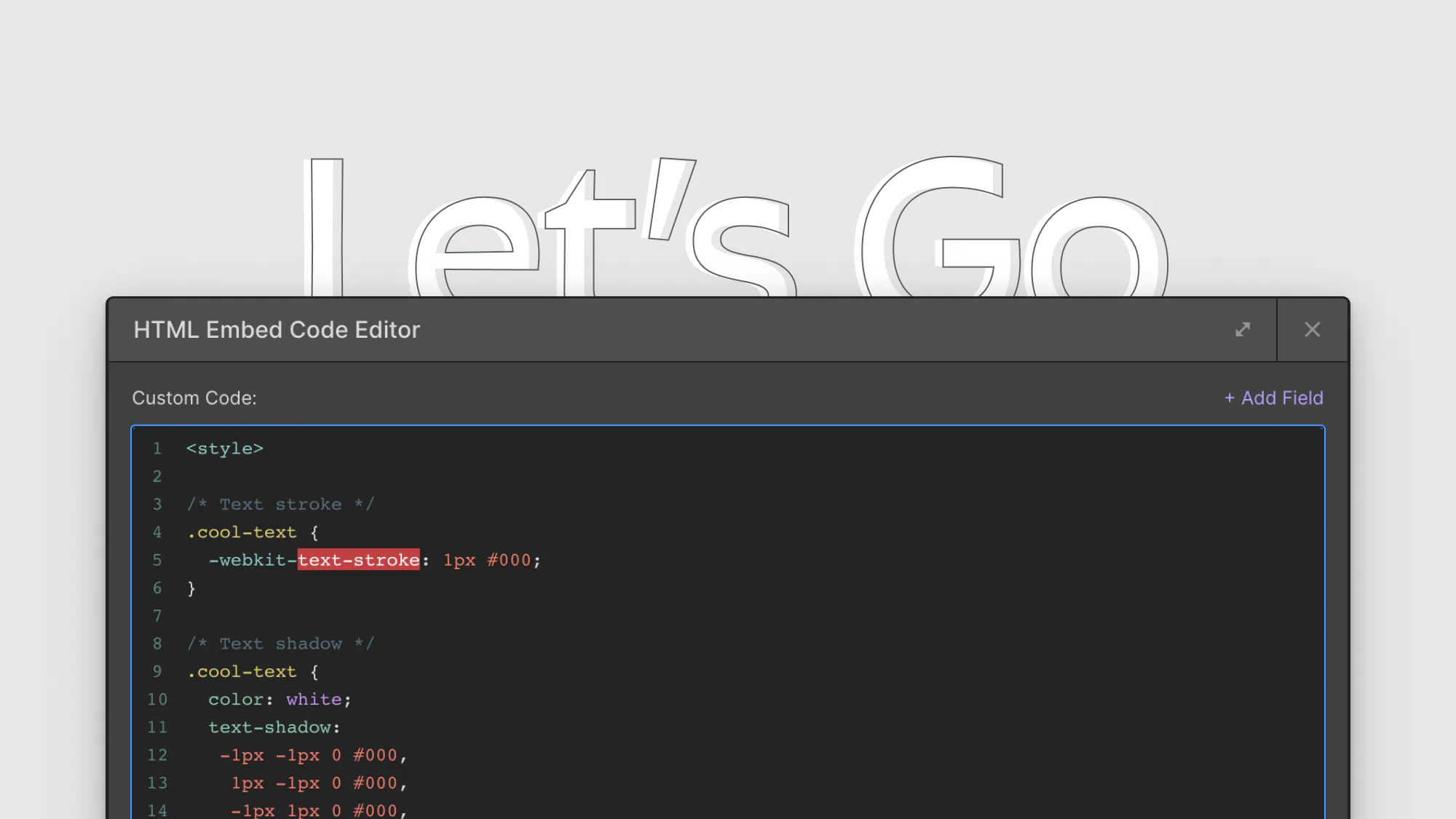 The custom code editor in webflow being used to add text outline