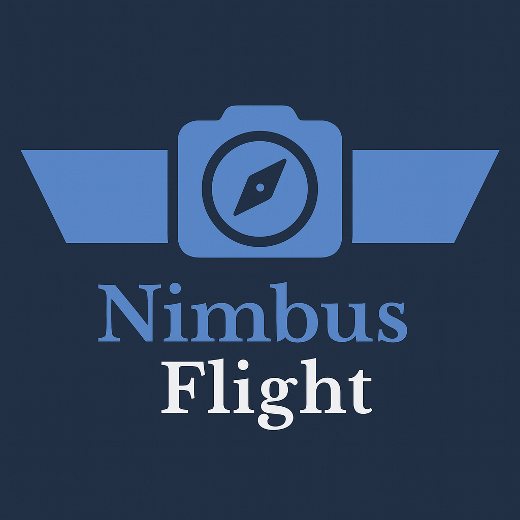 nimbus flight logo- a fixed wing drone with a camera and compass icon in the center of the camera