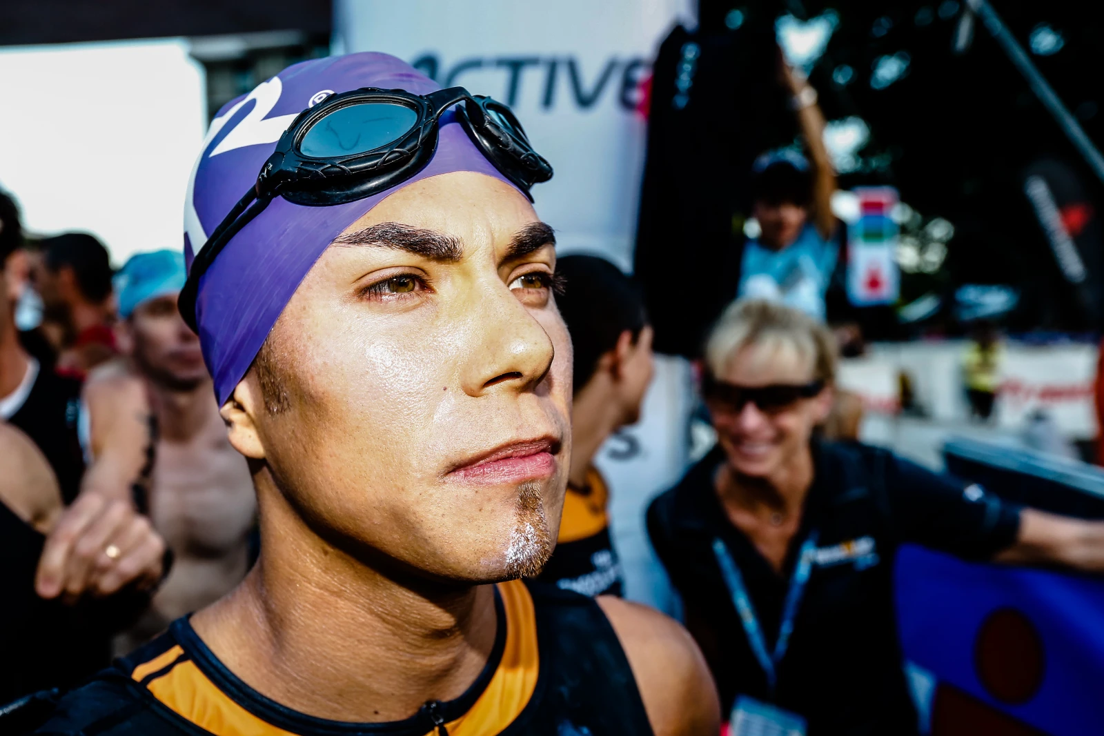 Apolo Ohno, intensely visualizing a short track speed skating race, focusing on his motor cortex activation.