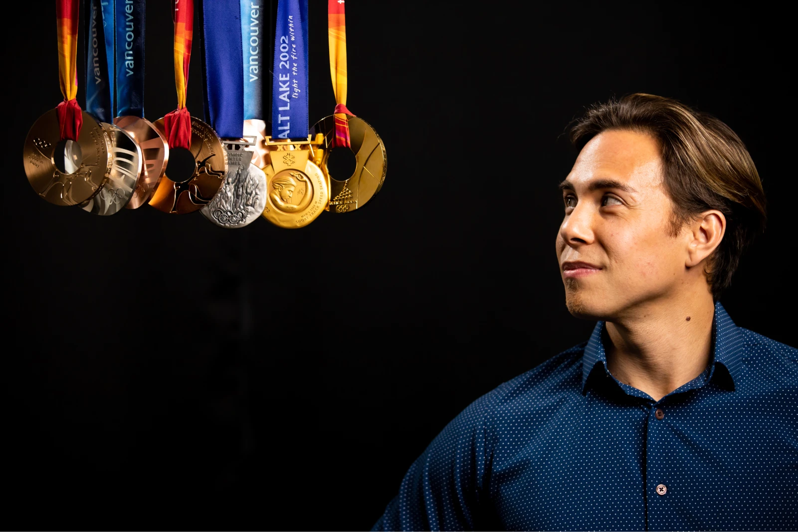 A close-up of Apolo Ohno's face