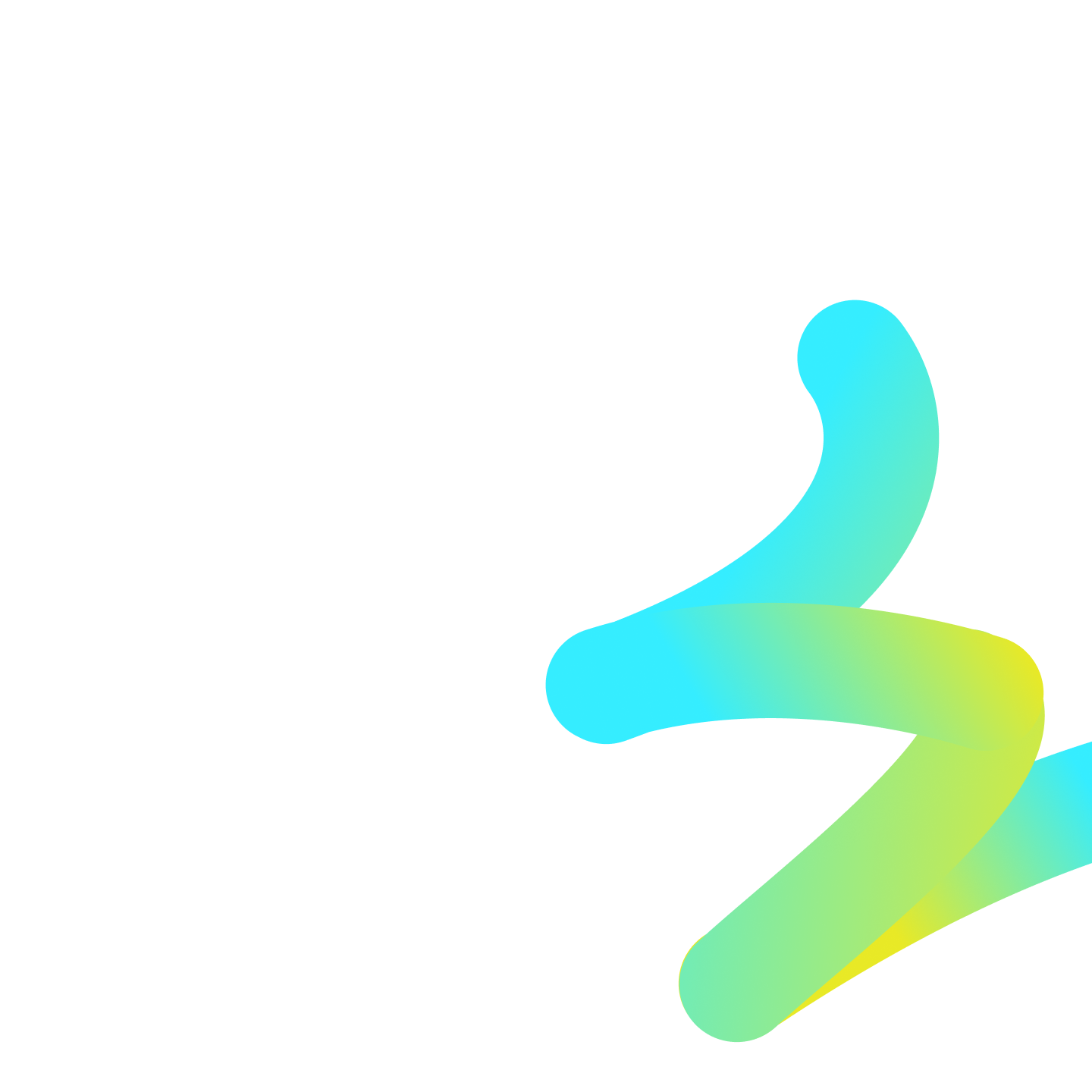 Abstract twisted tubular shapes in gradient colors of cyan, green, and yellow on a transparent background.