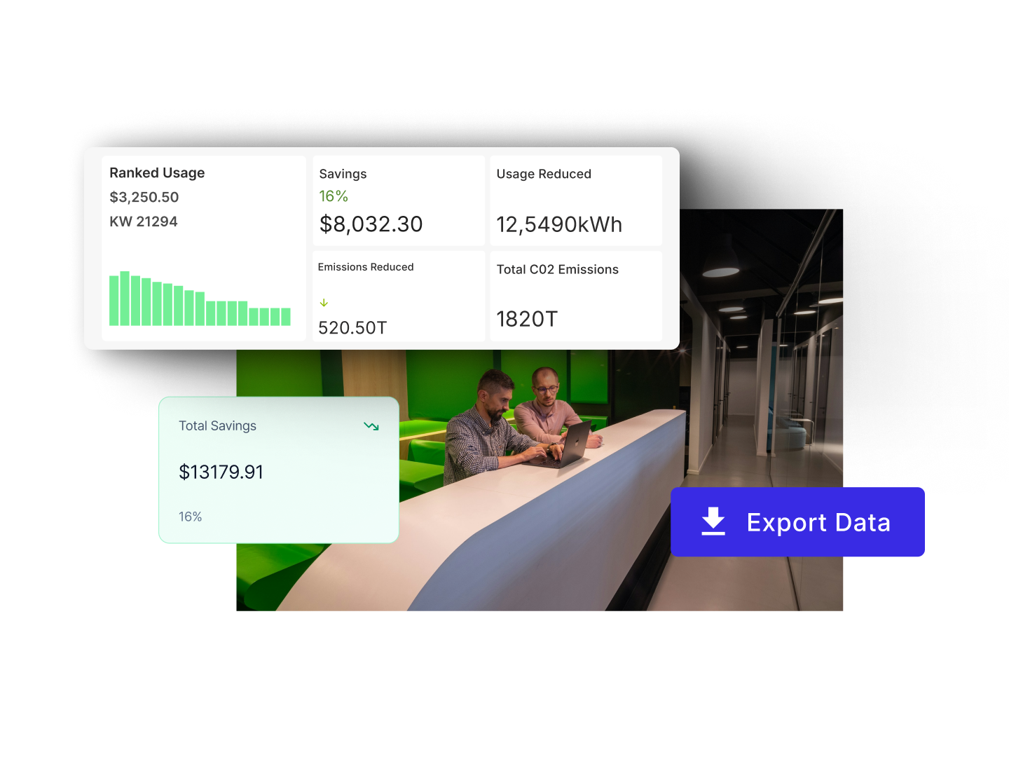 Two men working together on a laptop in a modern office with floating data panels showing energy usage, savings, emissions reduction, and an Export Data button.