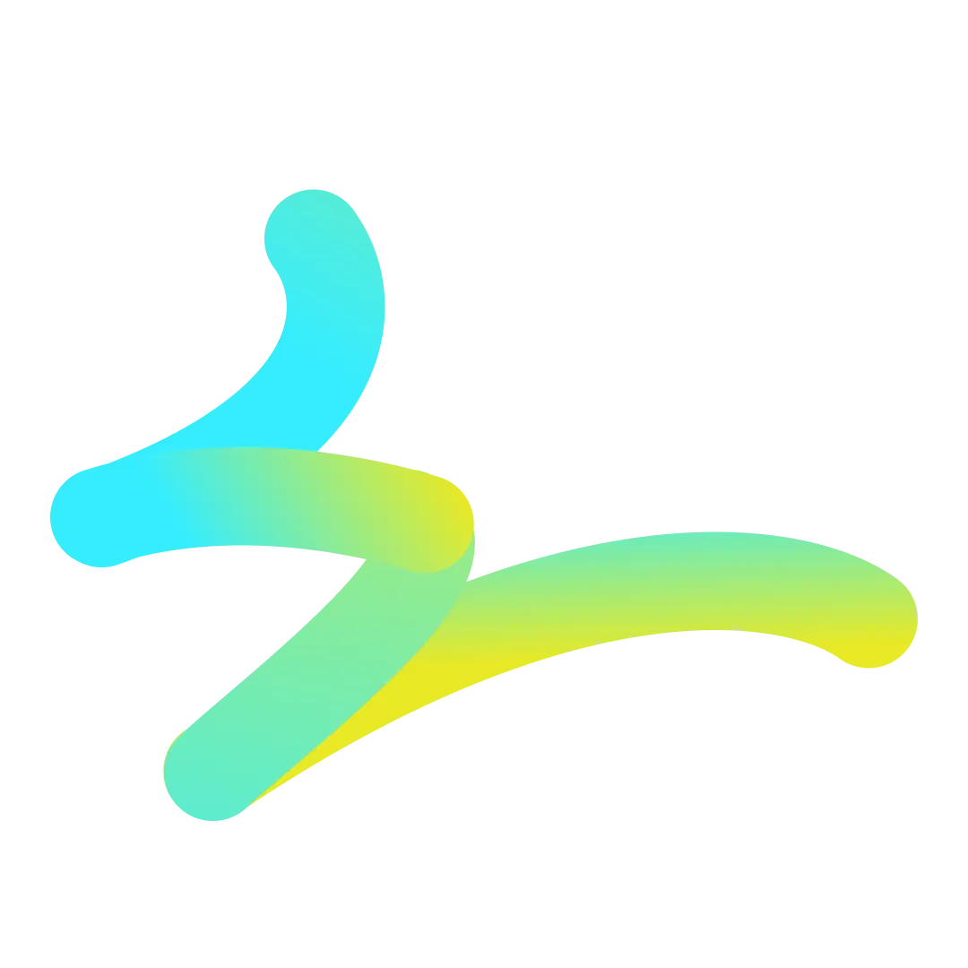 Abstract shape with three curved, gradient-colored segments in blue, green, and yellow on a transparent background.