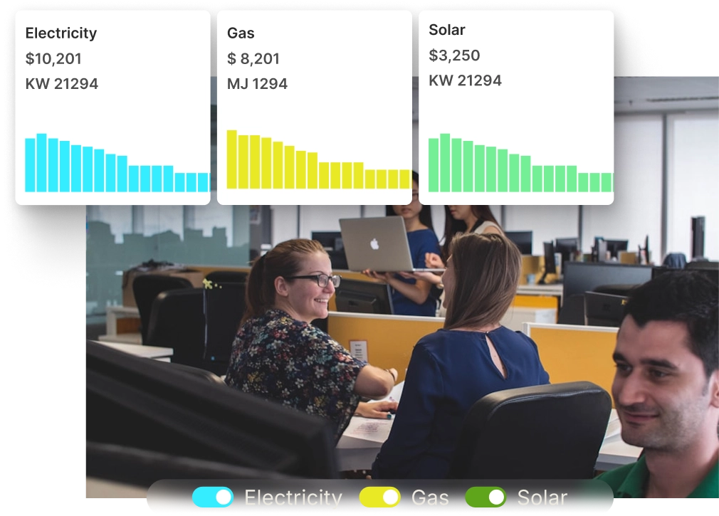 Office scene with people working and charts above showing decreasing cost and usage for Electricity, Gas, and Solar energy.