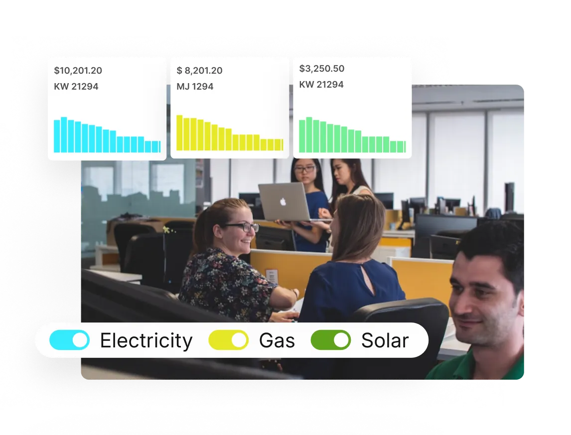Office scene with people working and charts above showing decreasing cost and usage for Electricity, Gas, and Solar energy.