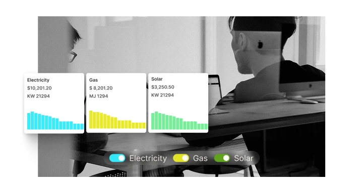 Dashboard showing electricity, gas, and solar costs with bar charts and a stacked bar graph comparing spend with and without savings.