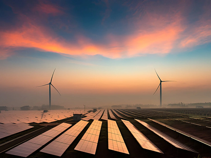 Solar Panels and Wind Turbines at Sunset