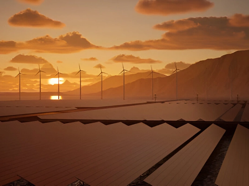 Solar Panels and Wind Turbines at Sunset
