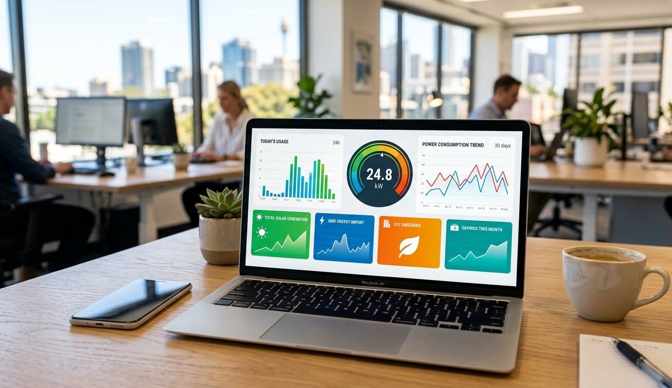 This image shows a laptop on a wooden desk in a modern office setting, displaying an energy management dashboard. The dashboard features various graphical data visualizations including a bar chart of today's energy usage, a power consumption trend line graph for the last 30 days, and key metrics such as total solar generation, grid energy import, CO2 emissions, and savings for the month. The scene includes other office elements such as a smartphone, a coffee cup, a pen on a notepad, and a small potted plant, with colleagues working in the background, highlighting a professional work environment focused on monitoring and optimizing energy consumption.