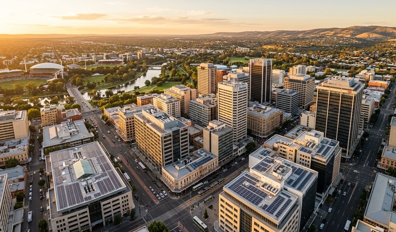This aerial photograph captures a cityscape during the golden hour with sunlight casting warm tones. The image shows multiple multi-story buildings in an urban setting, several of which have solar panels installed on their rooftops, indicating a focus on sustainable energy. A river runs through the scene, bordered by lush green parklands, adding natural elements alongside urban infrastructure. Roads with visible traffic and pedestrian crossings are also evident, highlighting the city's layout and transportation network. The background features rolling hills under a clear sky, providing geographic context. This image can be used to study urban solar energy adoption, city planning integrating natural spaces, and general architectural and environmental interplay.