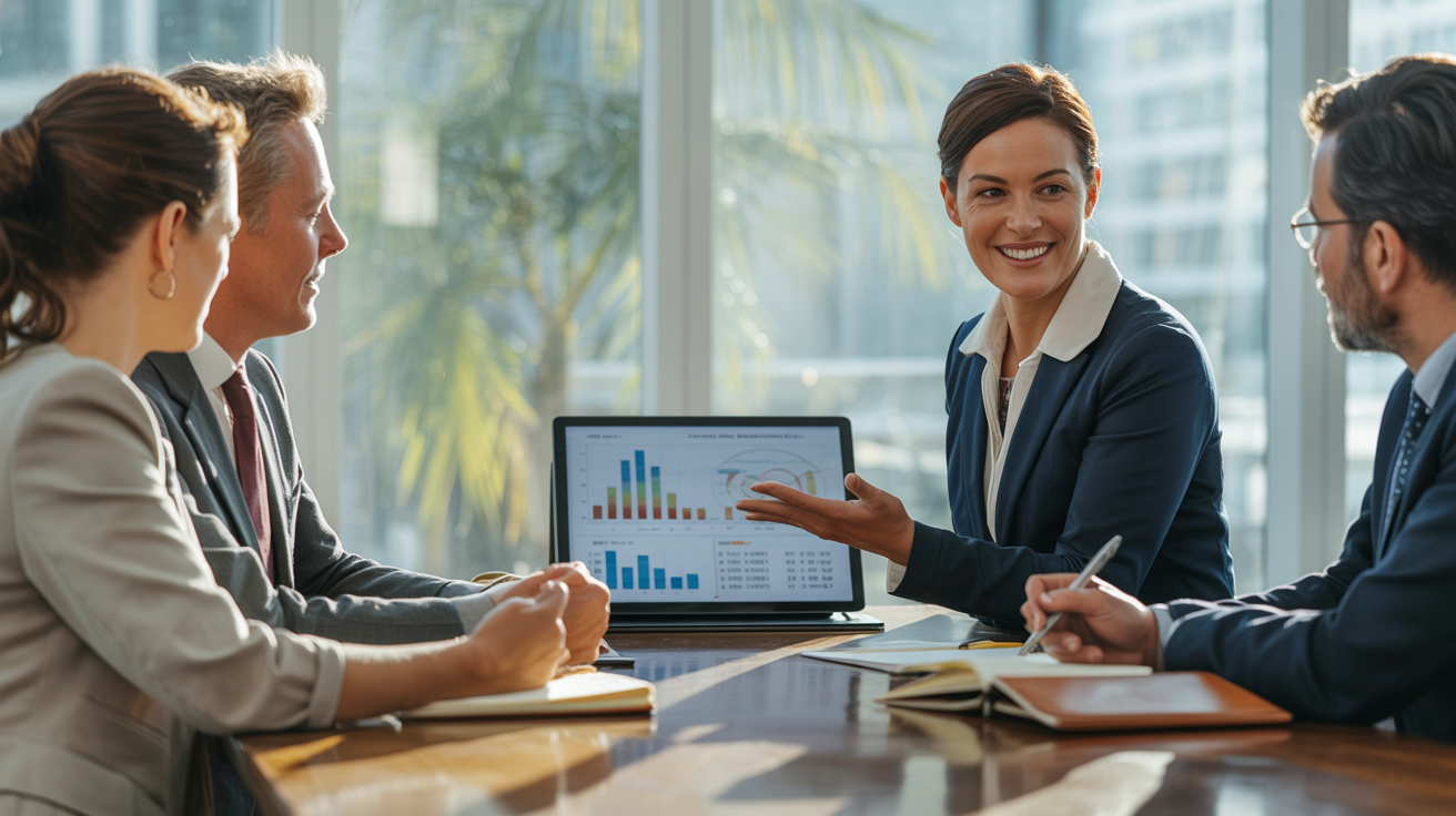 The image shows a professional business meeting with four individuals seated around a wooden table in a modern office setting. One woman, dressed in a navy blazer, is actively presenting data displayed on a laptop screen, which features various colorful bar charts and graphs. The other three participants, two men and one woman, are attentively listening and taking notes, suggesting a collaborative discussion focused on data analysis and decision-making. The bright office environment with large windows and visible greenery outside creates a productive atmosphere. This image is suitable for illustrating teamwork, business analytics, presentations, and corporate strategy discussions.