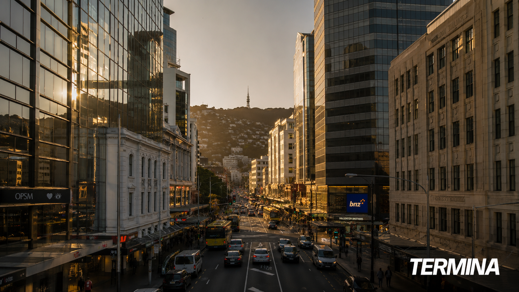Auckland City Queen Street at Sunset with Traffic and Buildings This image captures a busy street view of Queen Street in Auckland, New Zealand, during sunset. The photo shows multiple lanes of traffic with cars and buses moving along the road, flanked by tall modern and historic buildings. The left side features reflective glass facades, while the right side displays classic architectural structures such as the Dominion Buildings. In the background, the iconic Sky Tower and hillside residential area are visible under warm evening light, creating a vibrant urban atmosphere. The image is suitable for use in urban planning, transportation studies, cityscape documentation, or architectural analysis.