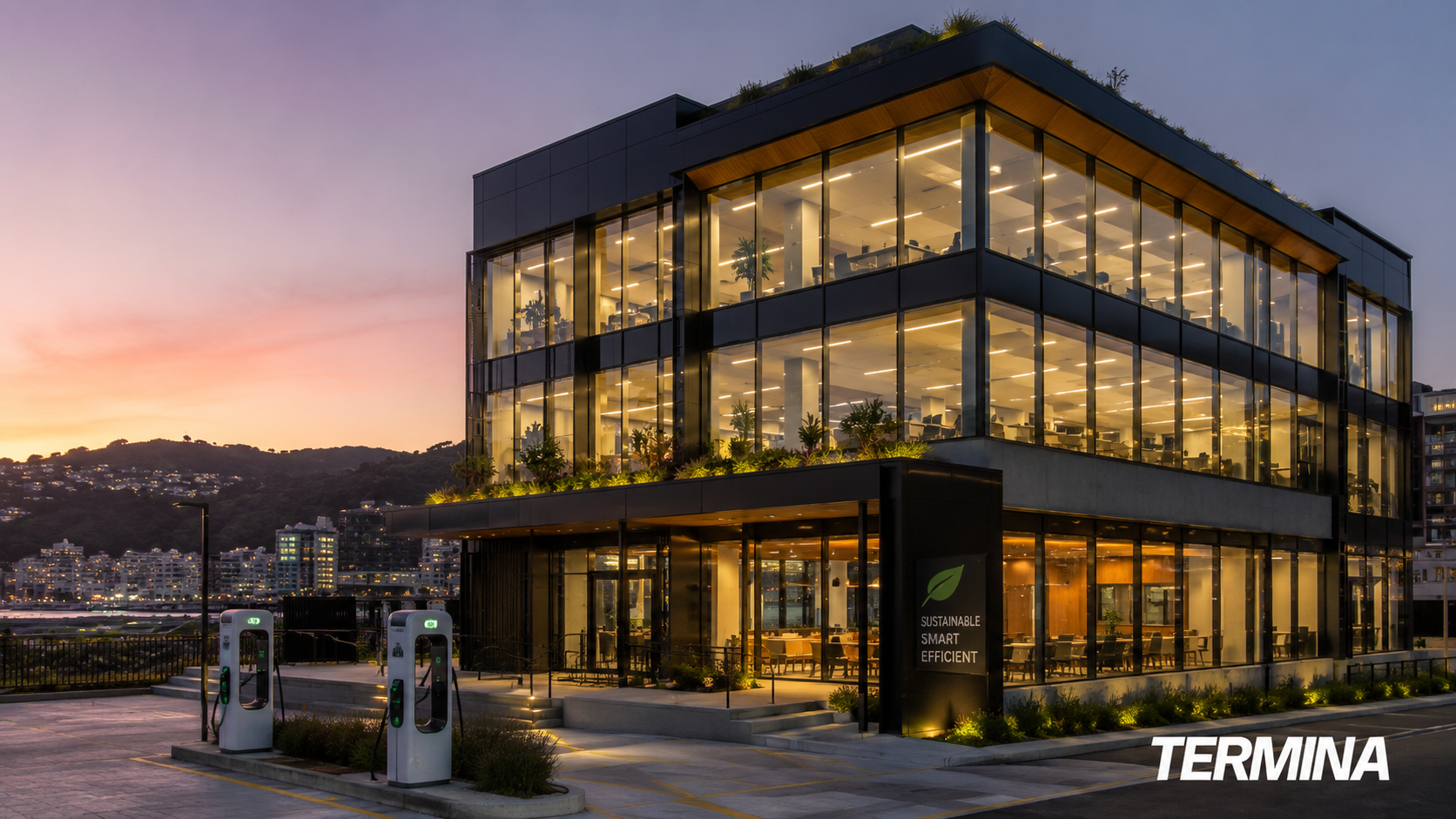 Modern Sustainable Office Building Featuring EV Charging Stations This image depicts a contemporary office building with large glass facades illuminated at dusk. The structure emphasizes sustainability, smart design, and efficiency, as indicated by the signage displayed prominently with a green leaf icon. The building has multiple floors with visible office interiors, including desks and plants. In the foreground, there are electric vehicle (EV) charging stations, highlighting the building's eco-friendly amenities. The setting includes a scenic backdrop of hills and city lights, reinforcing an urban environment focused on green and intelligent infrastructure solutions.