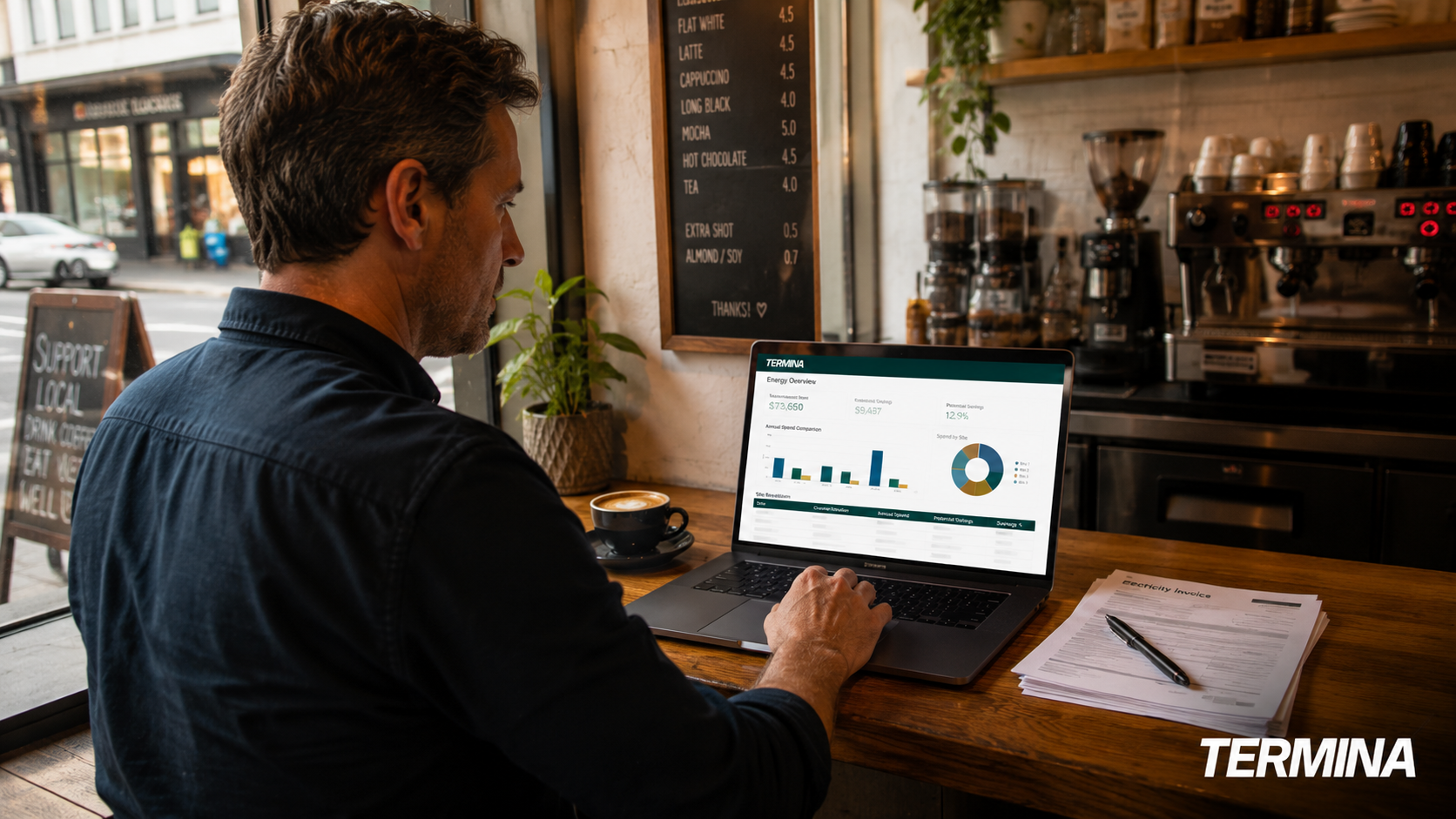 Man Using Energy Management Software in Café Setting The image shows a man sitting at a wooden counter in a coffee shop, working on a laptop displaying an energy management dashboard from the software 'TERMINA.' The screen shows various charts, including an annual spend comparison bar graph, a pie chart illustrating spend by site, and key metrics such as measurement error, embedded savings, and potential savings. A coffee cup is placed nearby, along with a stack of printed documents labeled as electricity invoices and a pen. The café environment includes a menu board listing coffee prices and an espresso machine with cups. This image visually represents the use of digital tools for monitoring and optimizing energy consumption in small business settings, suitable for knowledge bases related to energy management, sustainability, and business analytics.