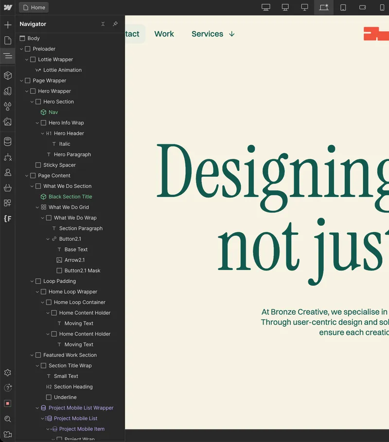 screenshot of webflow elements in the navigator