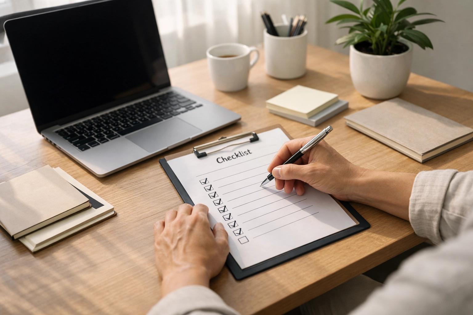 An adult in a sunlit home office smiling at their organized desk after completing a project successfully.