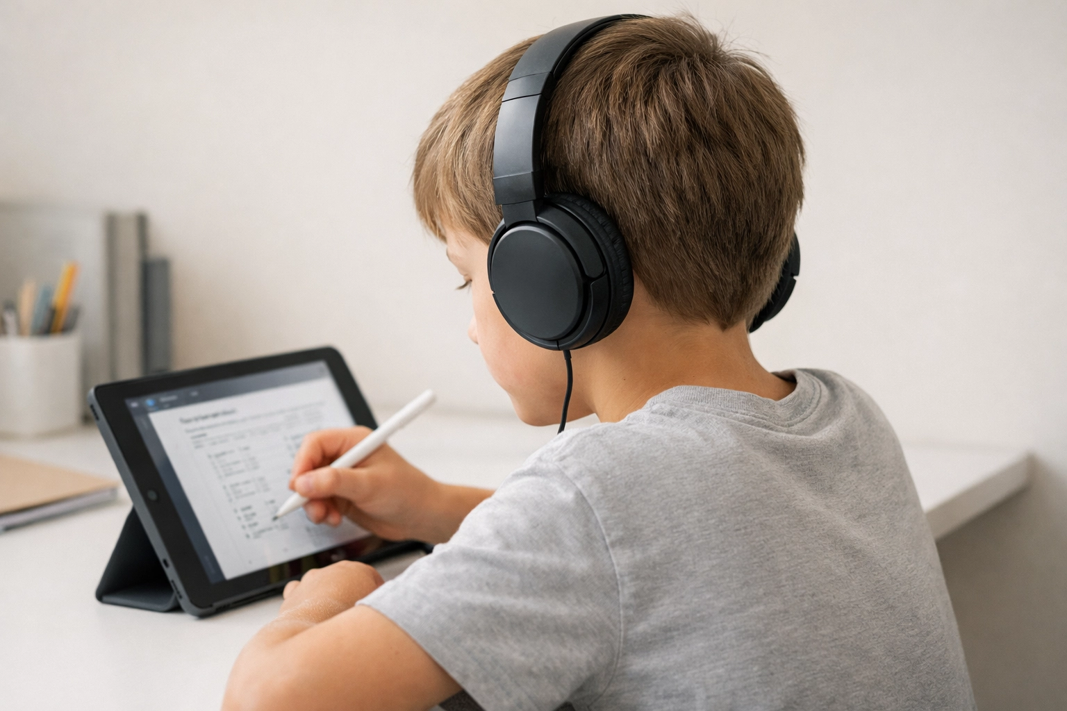 A young child wearing training headphones, focusing intently as glowing neural connections strengthen around them.