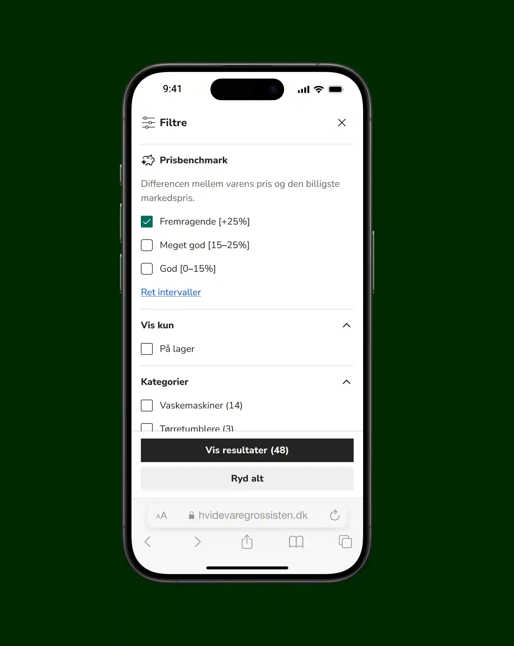 UI of open filter drawer. Price benchmark intervals can be added as filters.