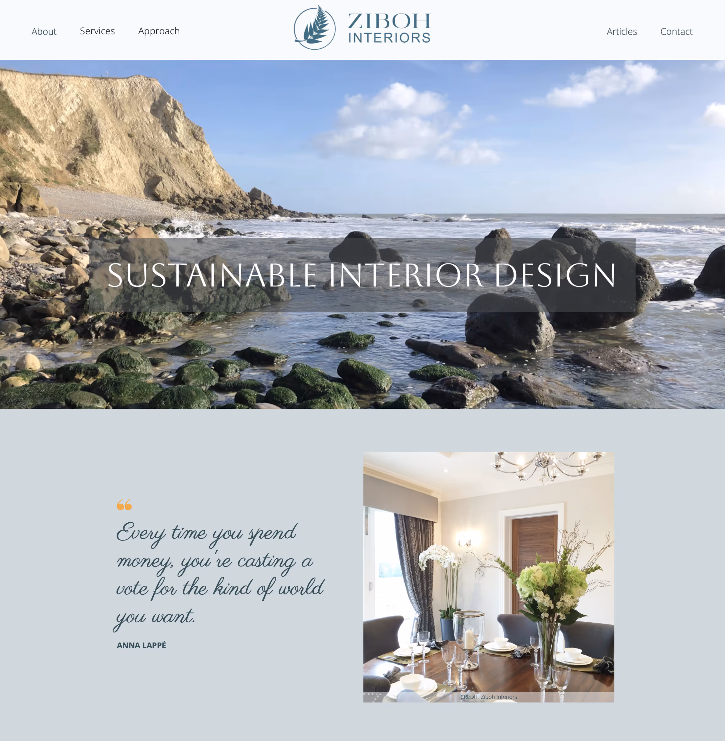 A screenshot of the website homepage of Ziboh Interiors.