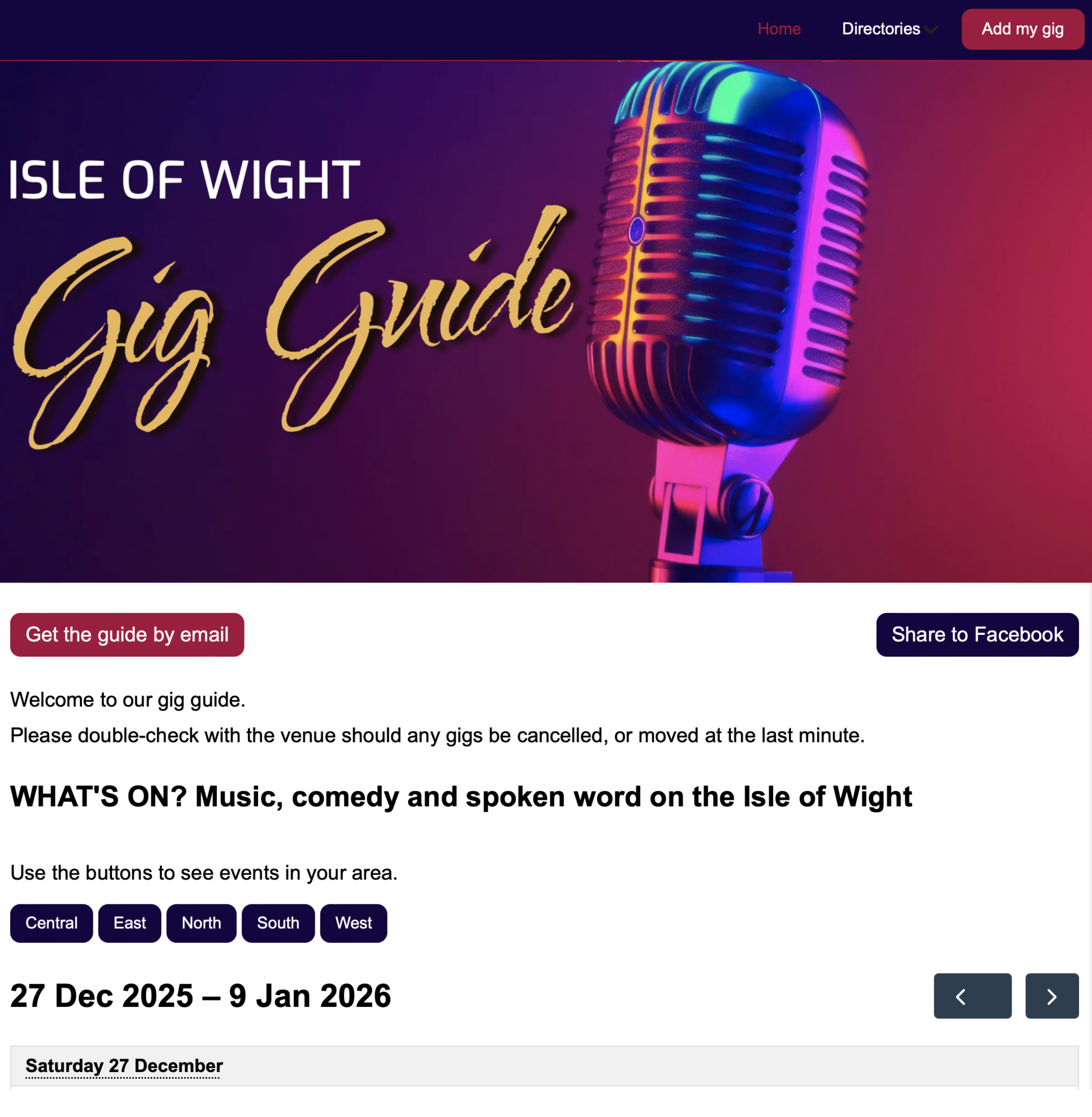 Screenshot of the homepage of the Isle of Wight Gig Guide website.