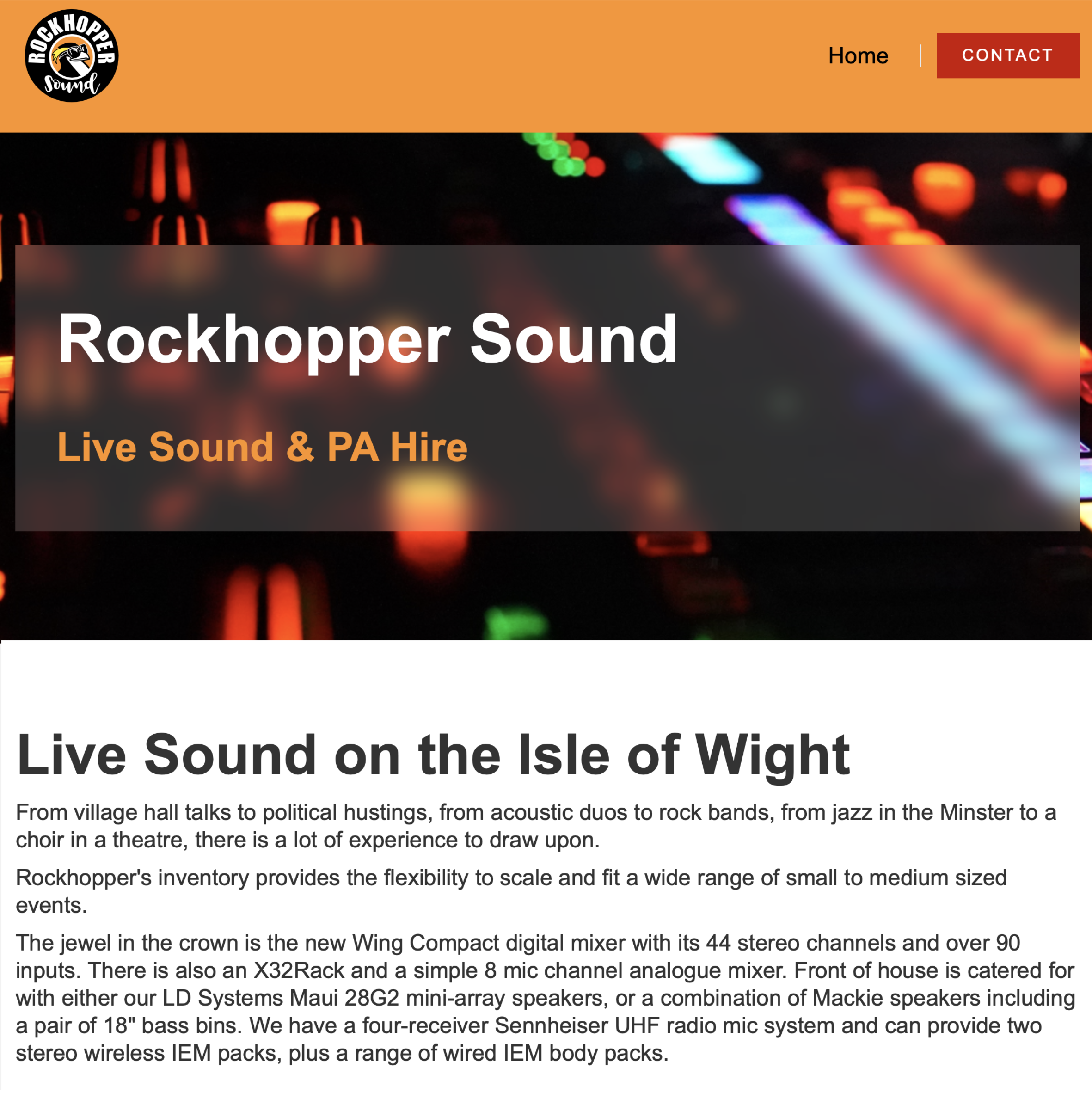Screenshot of the homepage for the website of Rockhopper Sound.