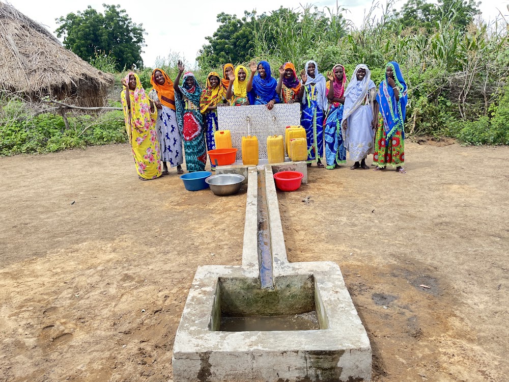 Women celebrating a recently completed tap stand in Chad.