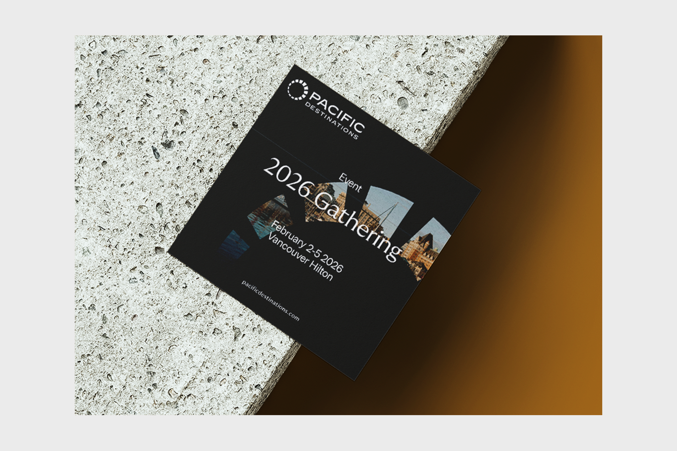 Black event card for Pacific Destinations 2026 Gathering