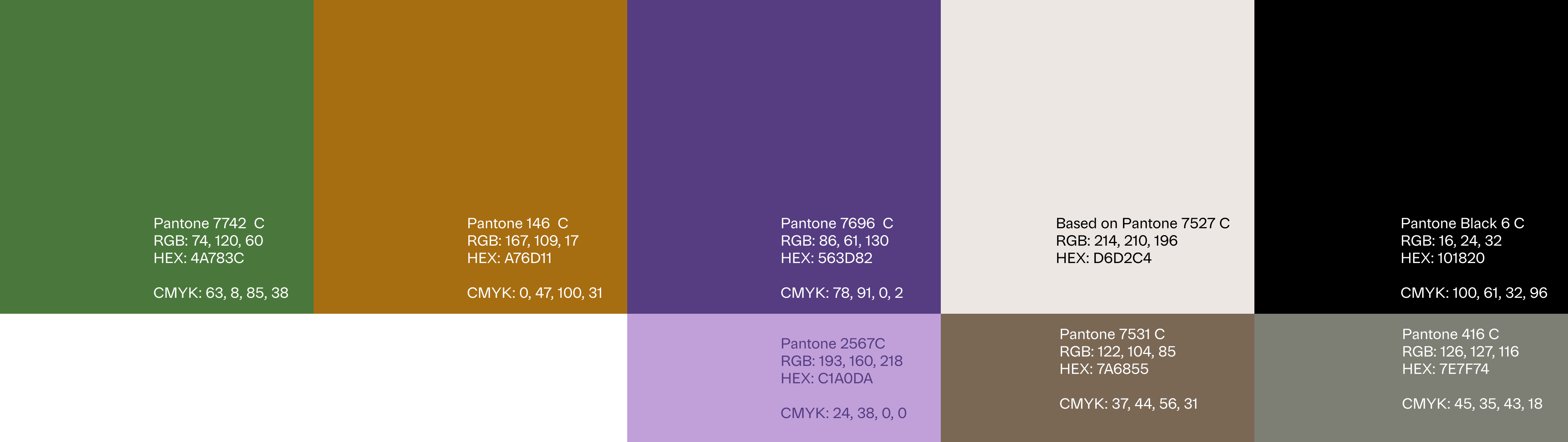 Eight color swatches with Pantone, RGB, HEX, and CMYK codes in green, orange, purple, black, lavender, brown, and gray.
