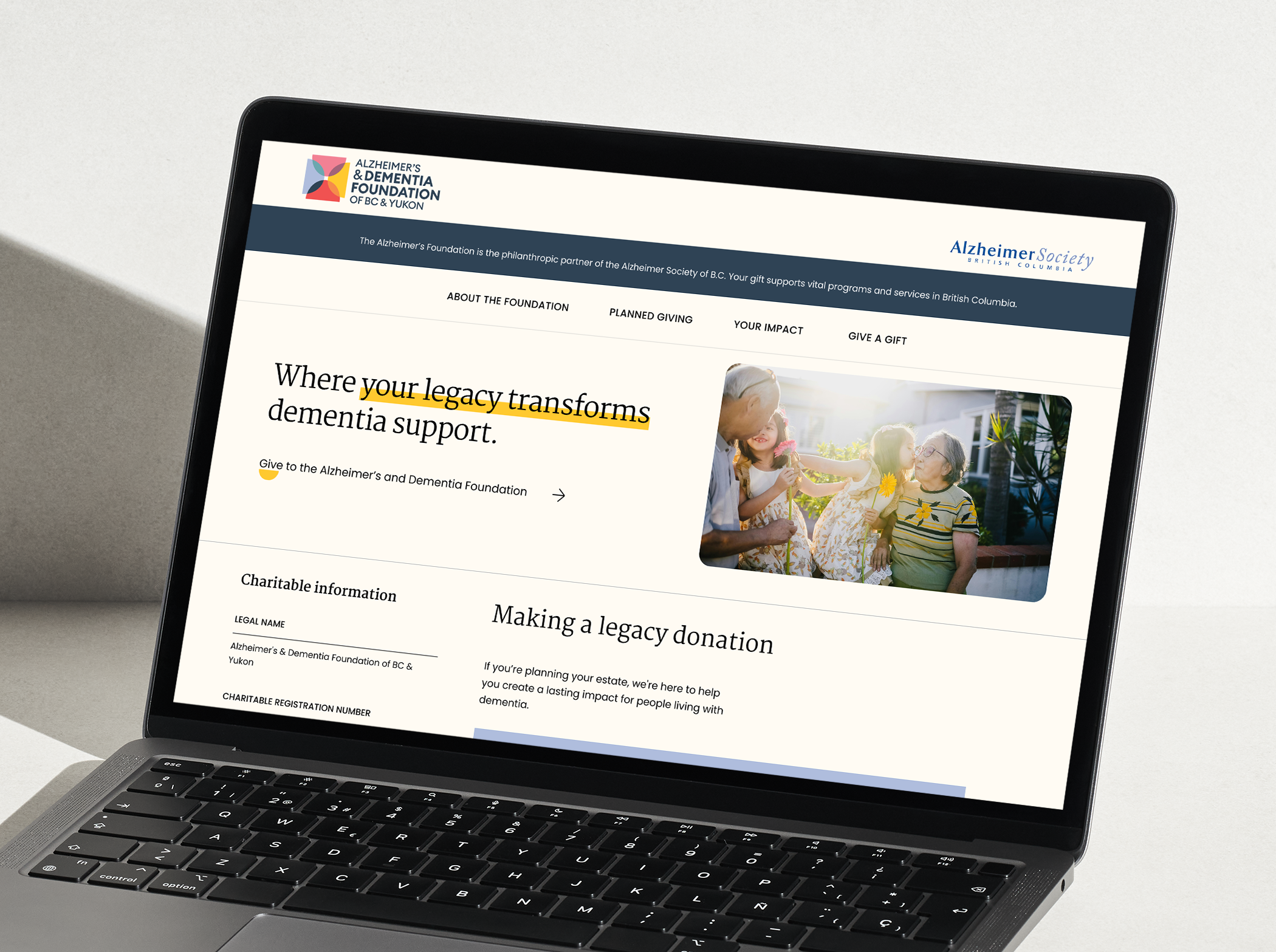 Mockup of the Alzheimer's and Dementia Foundation's website homepage.
