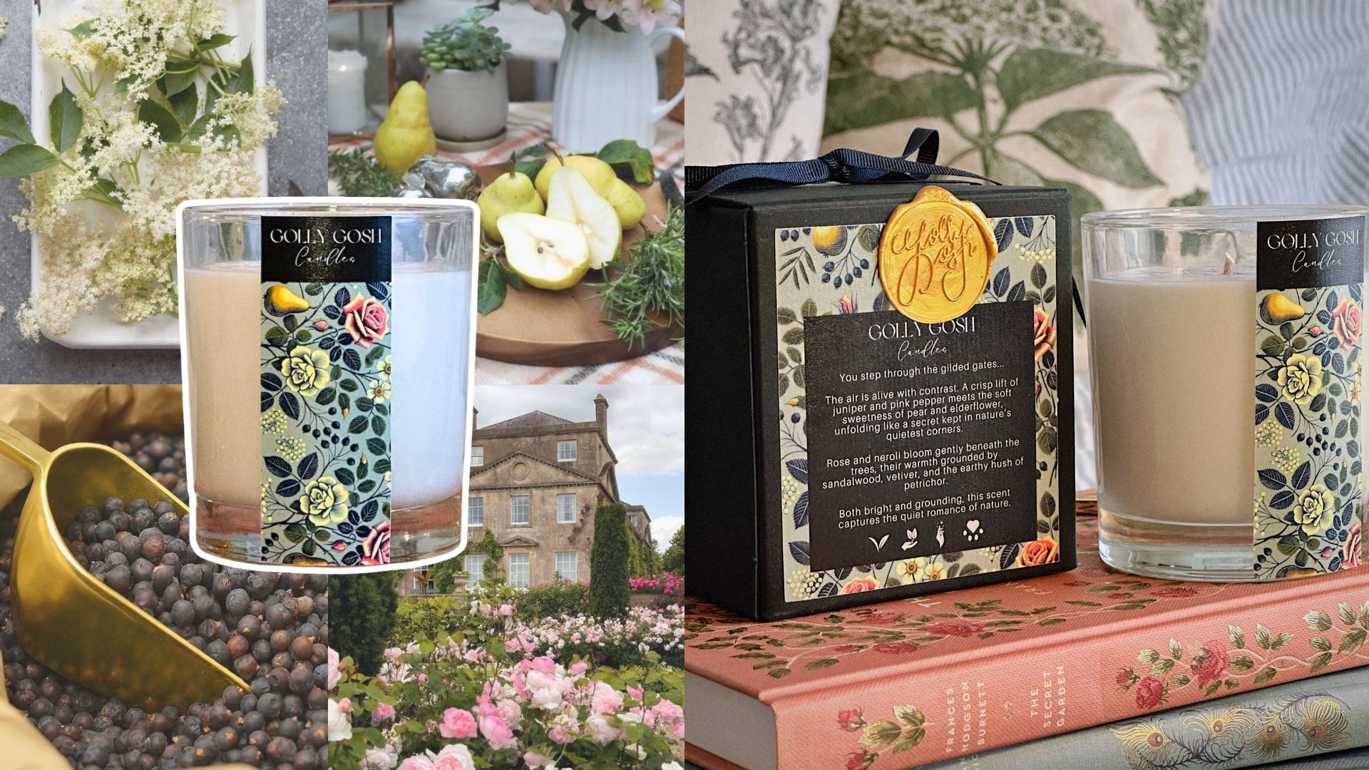 The Gilded Grove luxury candle by Golly Gosh Candles, inspired by pear, elderflower, rose and juniper, styled with books and country garden florals.