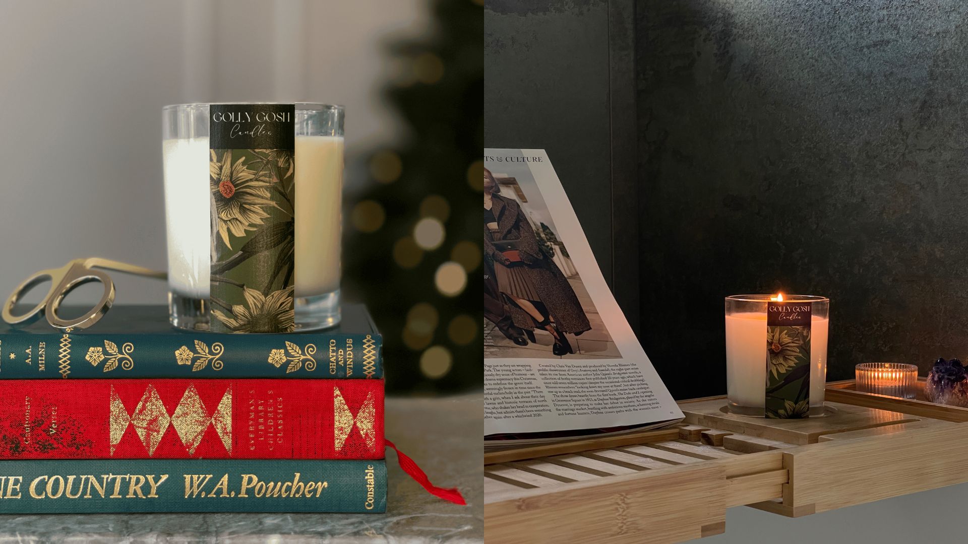 Tinsel Tea Room luxury candle by Golly Gosh Candles burning on a wooden bath tray with a magazine, tealight, and crystals for a cozy evening ritual.